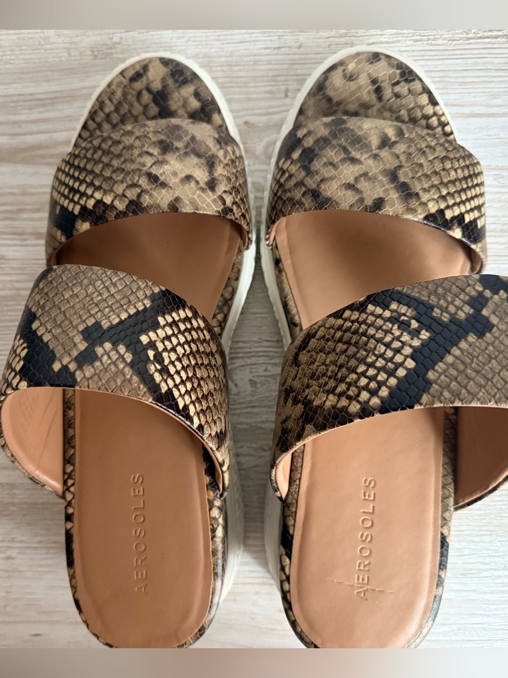 AEROSOLES Snake Print Slide Mules in Tan and Black